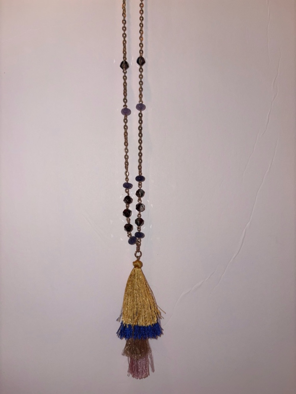 Gold Chain Tassel Necklace with Blue and Pink Accents